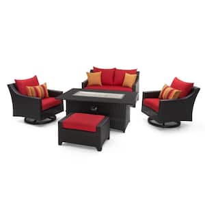 Deco Motion 5-Piece Wicker Patio Fire Pit Conversation Set with Sunbrella Sunset Red Cushions