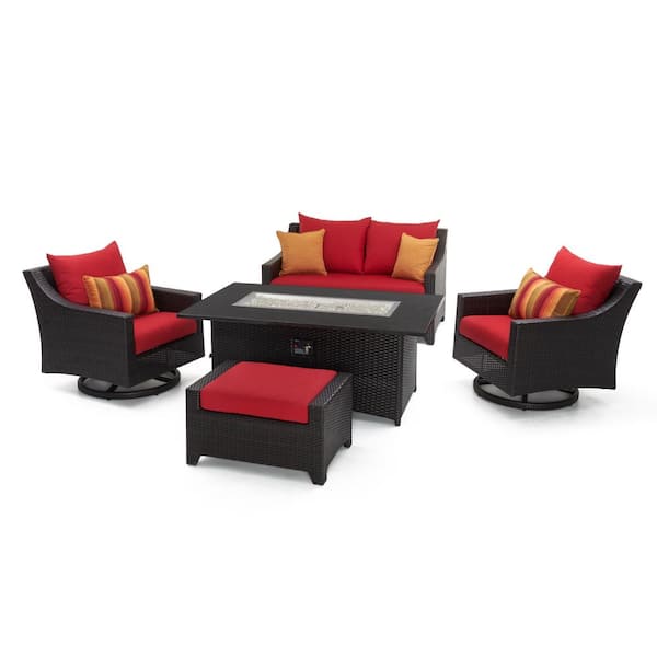 RST BRANDS Deco 5-Piece Wicker Motion Patio Fire Pit Conversation Set with Sunbrella Sunset Red Cushions