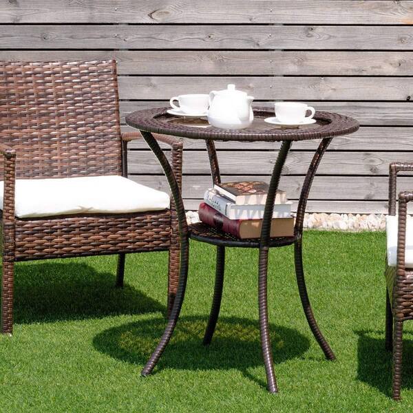 Alpulon 26 in. Brown Round Wicker Outdoor Patio Coffee Table With