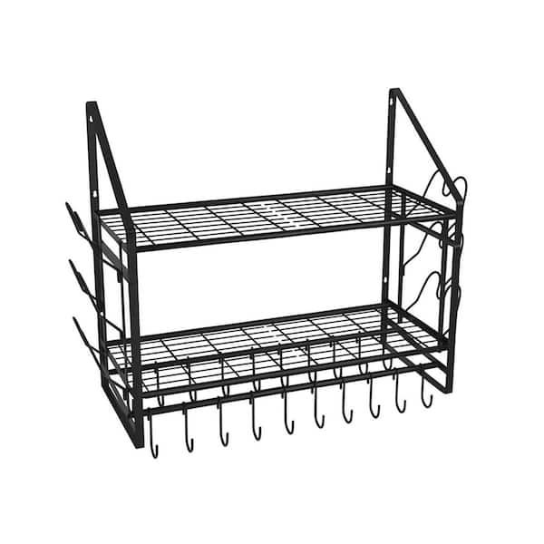 Black Wall Mounted Pot Rack Organizer 2 Tier Heavy Duty Steel with 20 Hooks 6 Lid Holders for Kitchen Storage