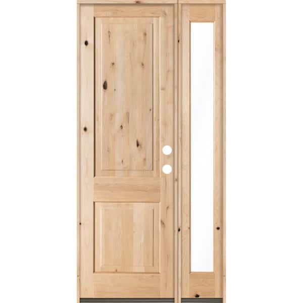 Krosswood Doors 46 in. x 96 in. Rustic Unfinished Knotty Alder Square-Top Left-Hand Right Full Sidelite Clear Glass Prehung Front Door