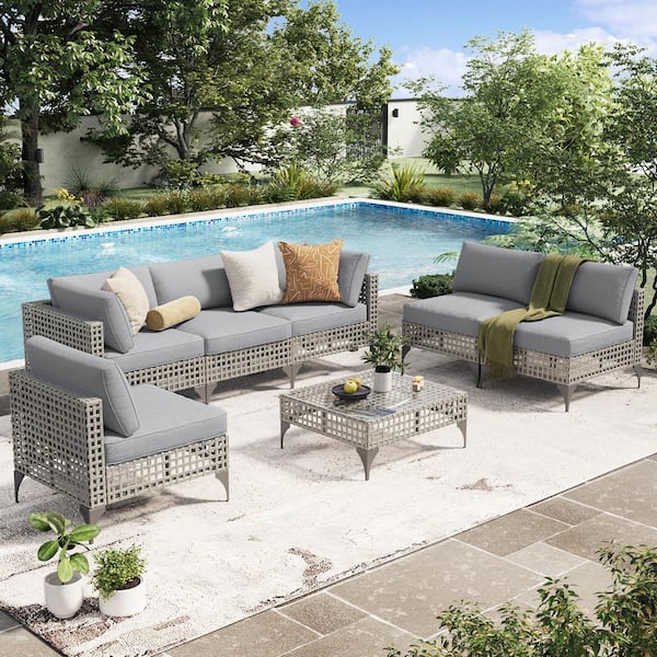 AECOJOY 7-Piece Patio Outdoor Wicker Furniture Sofa Set with Tea Table/PE Rattan Sectional Conversation, Set Light Grey Cushions