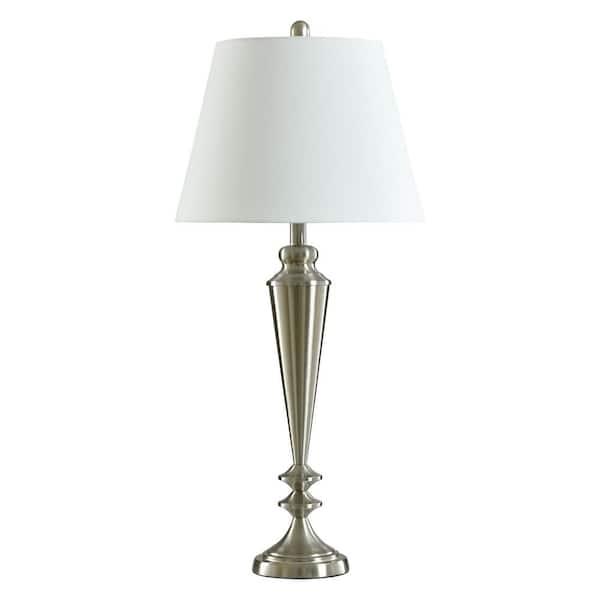 33.5 in. Brushed Steel Transitional 1-Light Standard Floor Lamp for Living Room Linen Drum Shade