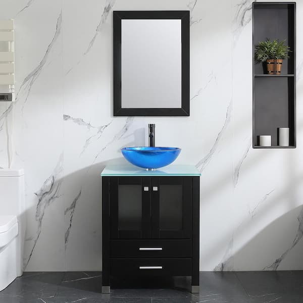 Wonline 24 in. W x 21.7 in. D x 29.5 in. H Single Sink Bath Vanity in Black with Glass Top and Mirror