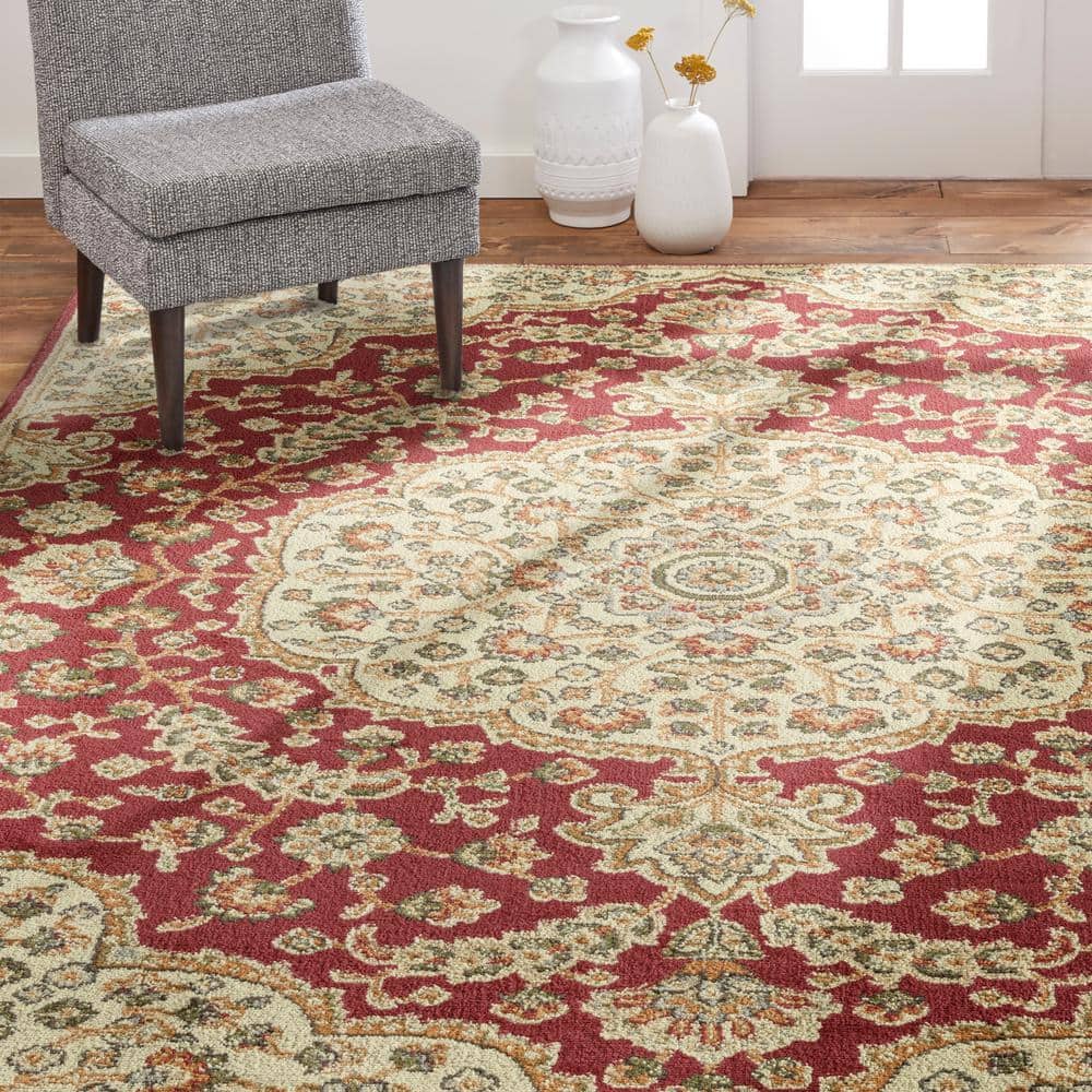 Red and Ivory Medallion Rectangular Synthetic Area Rug, 8' x 10'