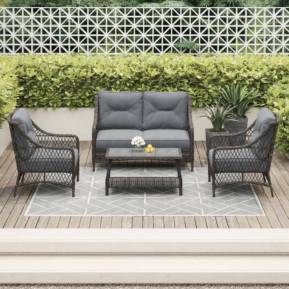 Vasconia 4-Piece Gray Wicker Outdoor Sofa Set with Cushions