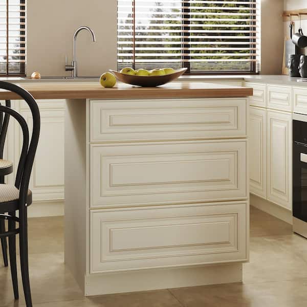 Hausvita 30 in. W x 24 in. D x 34.5 in. H in Cameo White Plywood Ready to Assemble Kitchen Base Cabinet with 3 Drawers