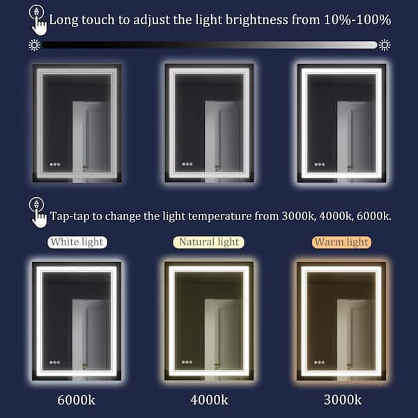 RUNA 24 in. W x 32 in. H Rectangular Frameless LED Light Wall Bathroom Vanity Mirror in Aluminum, Dimmable Makeup Mirror