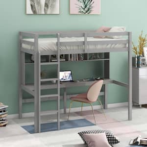 Gray Twin Loft Bed with Convenient Desk and Shelves