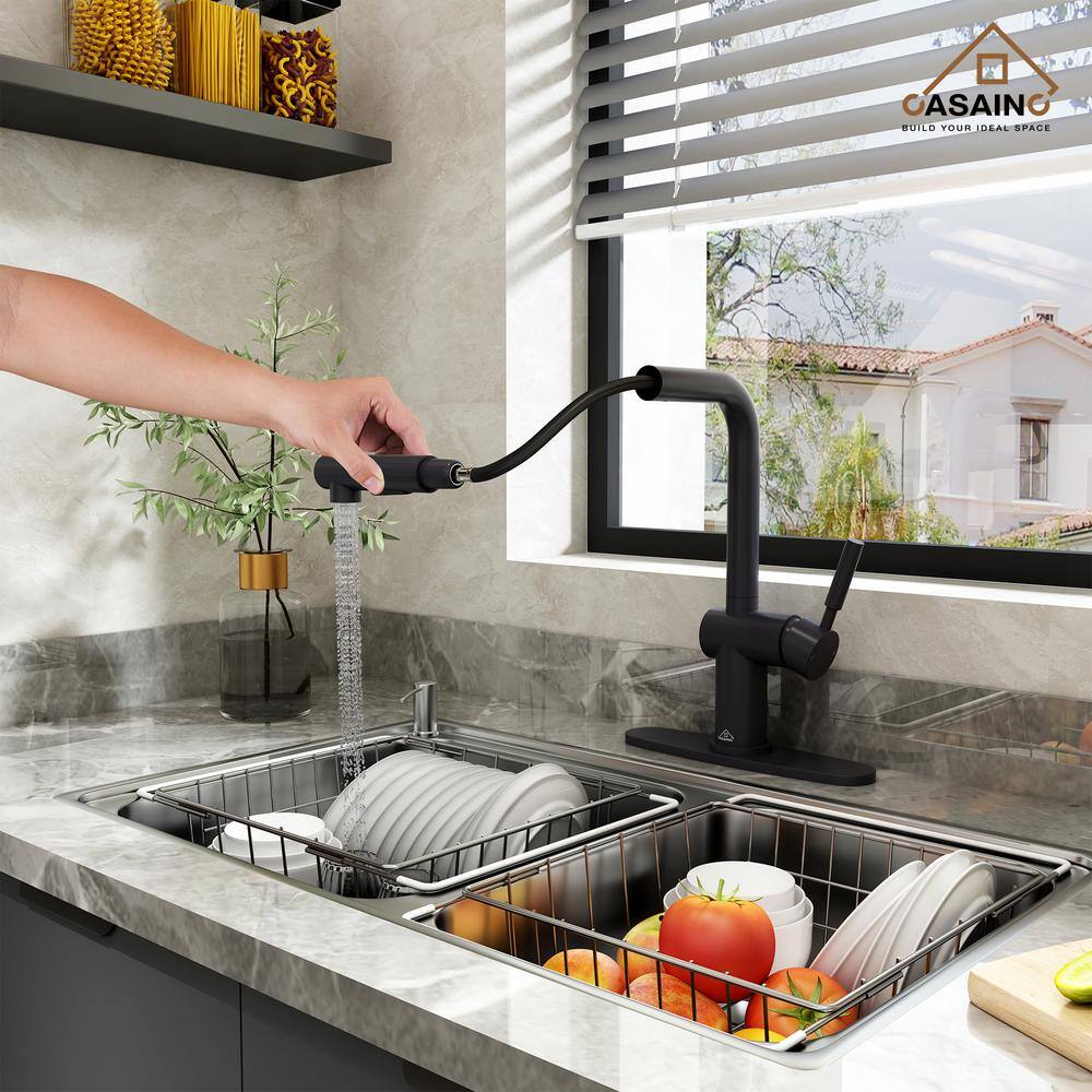 Matte Black Single-Handle Pull-Out Kitchen Faucet with Deck Plate