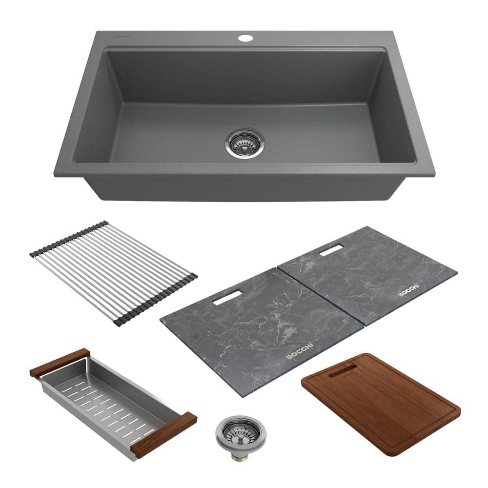 Baveno Lux Concrete Gray Granite Composite 34 in. Single Bowl Drop-In/Undermount Kitchen Sink w/Integrated WS & Covers -  BOCCHI, 1616-506-0126HP
