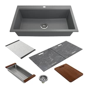 Baveno Lux Concrete Gray Granite Composite 34 in. Single Bowl Drop-In/Undermount Kitchen Sink w/Integrated WS & Covers