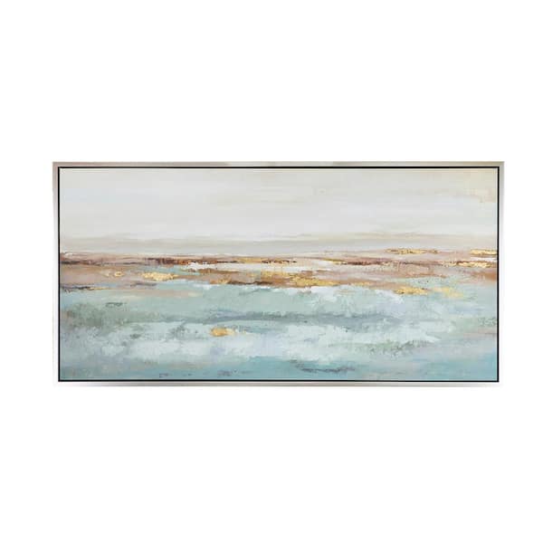 Benjara White, Blue and Orange Wooden Framed Abstract Ocean Oil Painting Wall Art