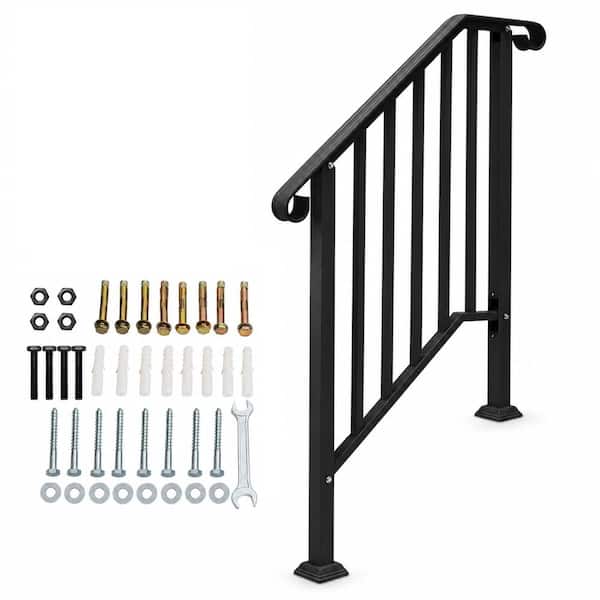 Black Wrought Iron Handrail for 2 or 3 Steps Outdoor Stair Railing with Installation Kit for Concrete and Wood Stairs