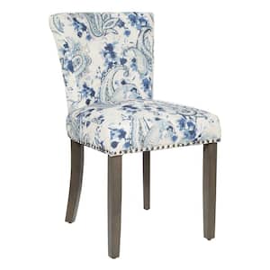 Kendal Dining Chair in Paisley Blue Fabric with Nailhead Detail and Solid Wood Legs