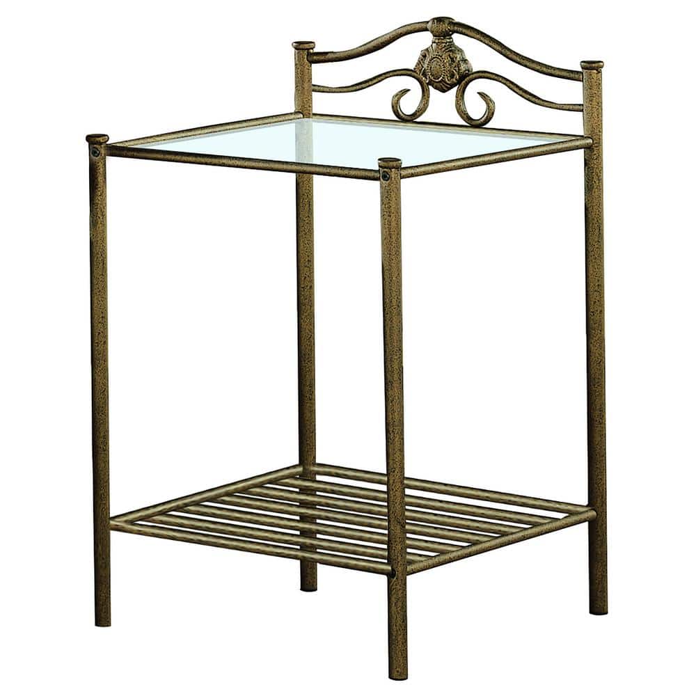 Antique Brushed Gold Metal Nightstand with Glass Top