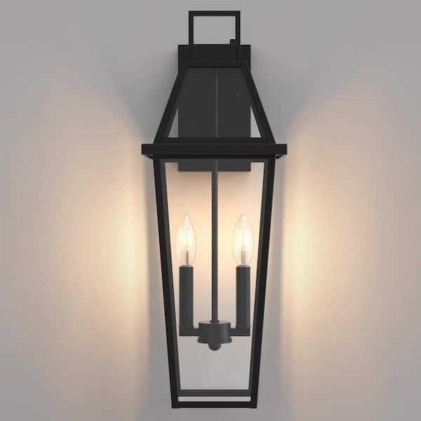 Hawaii 24 in. 2-Light Matte Black Dusk to Dawn Hardwired Outdoor Wall Lantern Sconce with No Bulbs Included