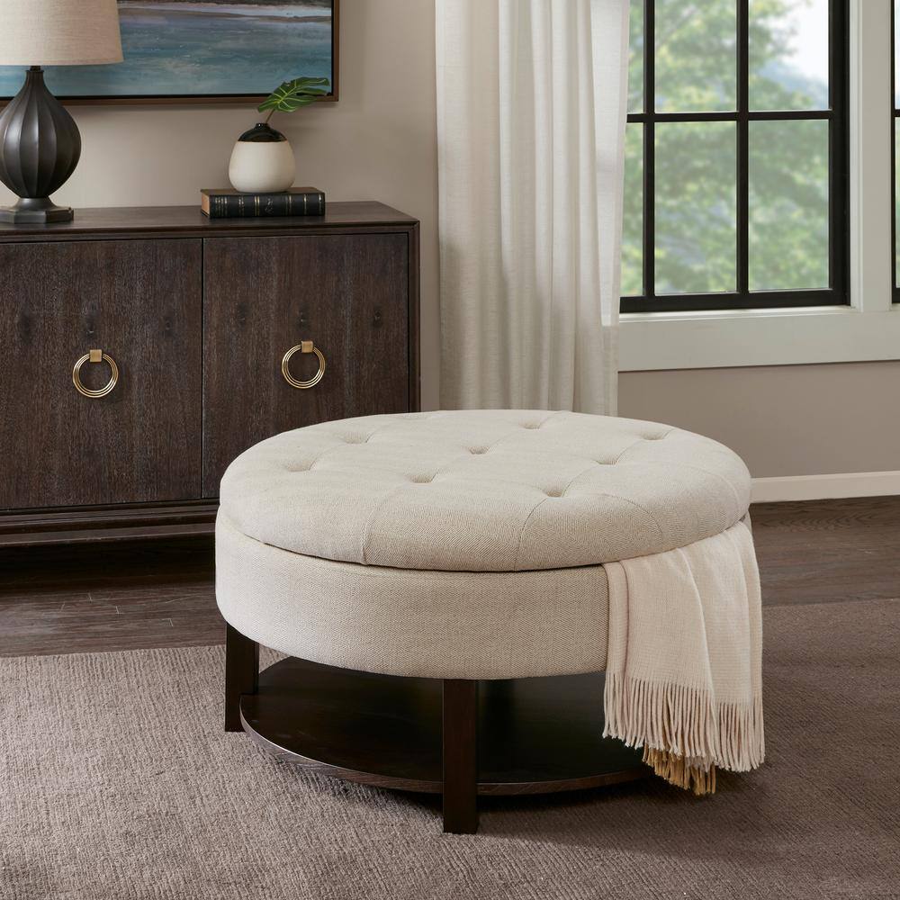 Cream Tufted Round Storage Ottoman with Veneer Shelf