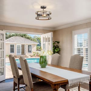 Farmhouse 2-Light Brown Modern Semi-Flush Mount, Rustic Drum Cage Ceiling Light with Bleached Painted Wood Accents