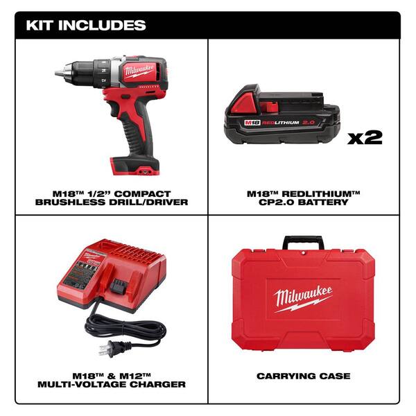 Milwaukee - M18 18-Volt Lithium-Ion Brushless Cordless 1/2 in. Compact Drill/Driver Kit w/Two 2.0Ah Batteries, Charger and Hard Case