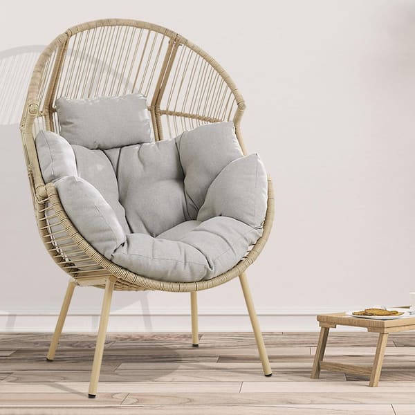 Patio Yellow Wicker Egg Chair Outdoor Lounge Chair with Beige Cushion