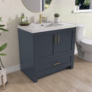 36 in. W x 22 in. D x 35.5 in. H Single Sink Bath Vanity in Navy Blue Freestanding Vanity with White Solid Surface Top