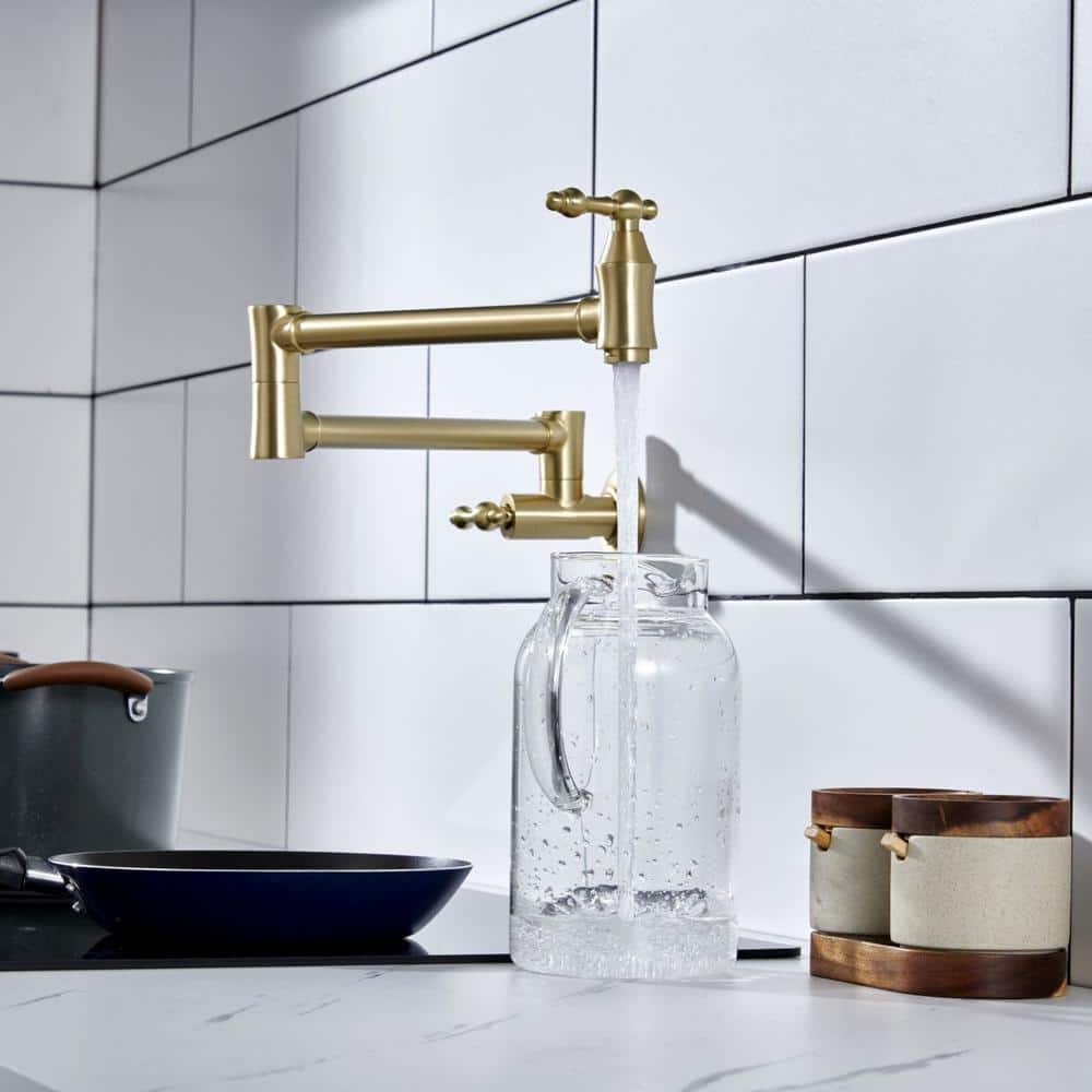 Brushed Gold Solid Brass Wall-Mounted Pot Filler Faucet