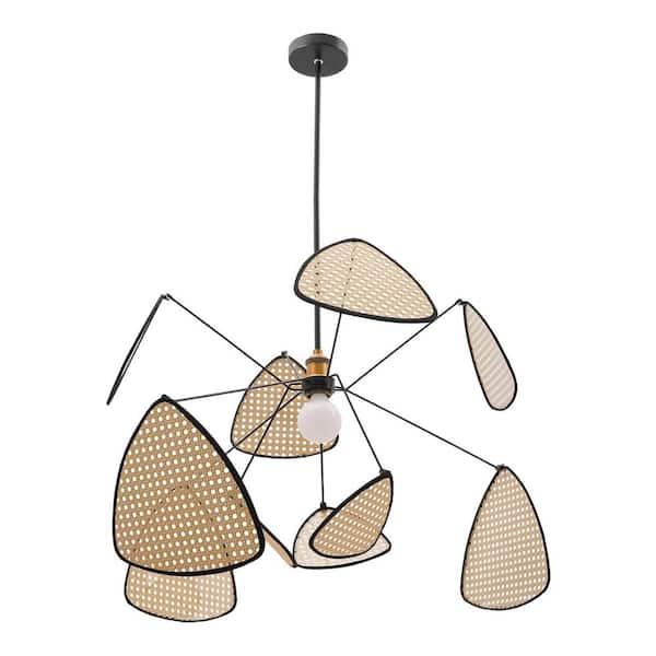 OUKANING 31.5 in. 1 Light Black Modern Chandelier with Wood Color Weaving Rattan Shade for Kitchen Dining Room Living Room