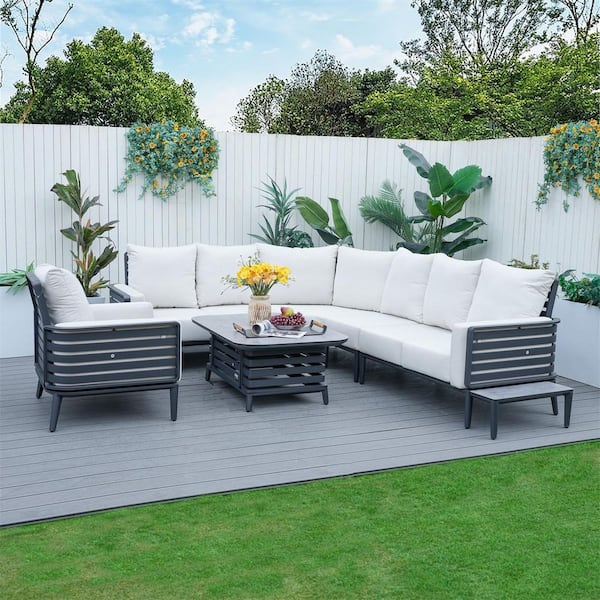 Right Dark Grey 6-Piece Aluminum Patio Conversation Set with Beige Cushions and a Single Sofa