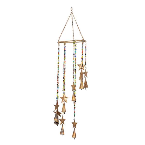 Litton Lane 26 in. Gold Metal Sun Stars Windchime with Glass Beads and Cone Bells