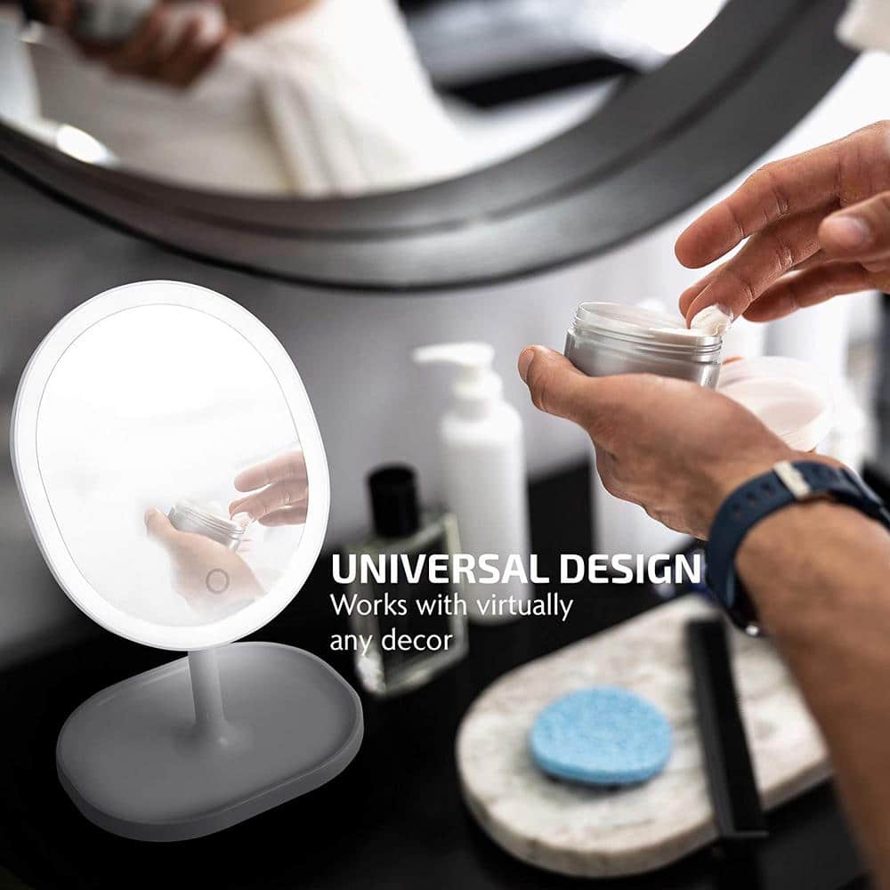 White Oval LED Lighted Magnifying Makeup Mirror with Tray