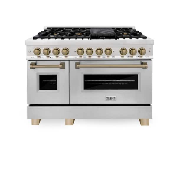 Autograph Edition 48 in. 7 Burner Double Oven Dual Fuel Range in Stainless Steel and Champagne Bronze