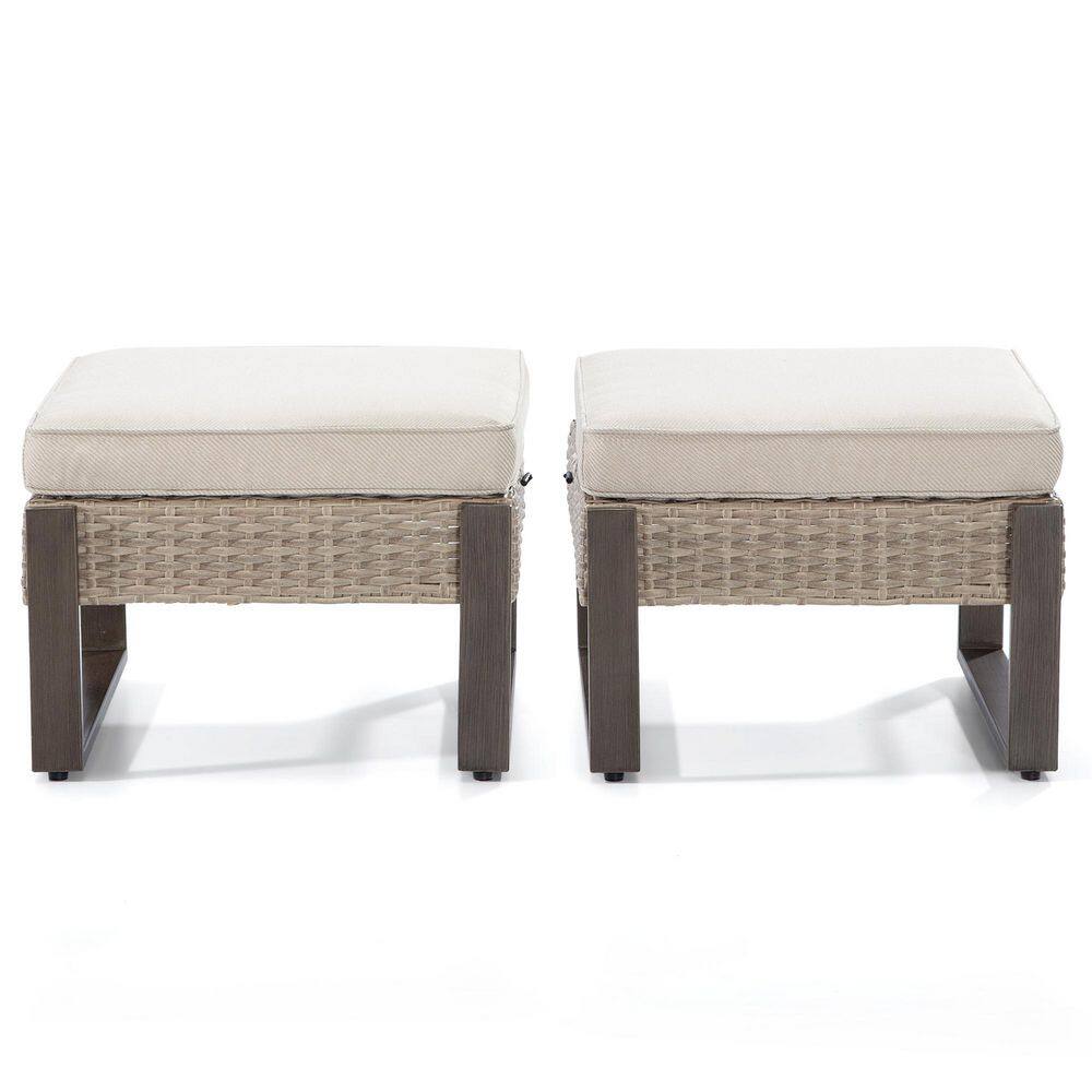 Wicker Outdoor Ottoman Patio Footrest with Removable Beige Cushions (2-Pack)