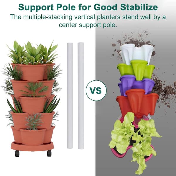 5-Tier Stackable Vertical Garden Planter with Wheels, Self-Watering for Herbs, Strawberries and Vegetables Red Plastic