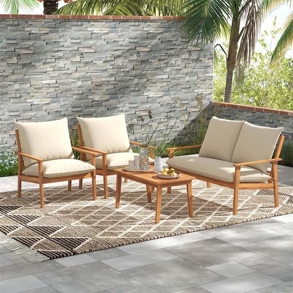 Costway 4-Piece Wood Patio Conversation Set with Coffee Table and Off White Cushions