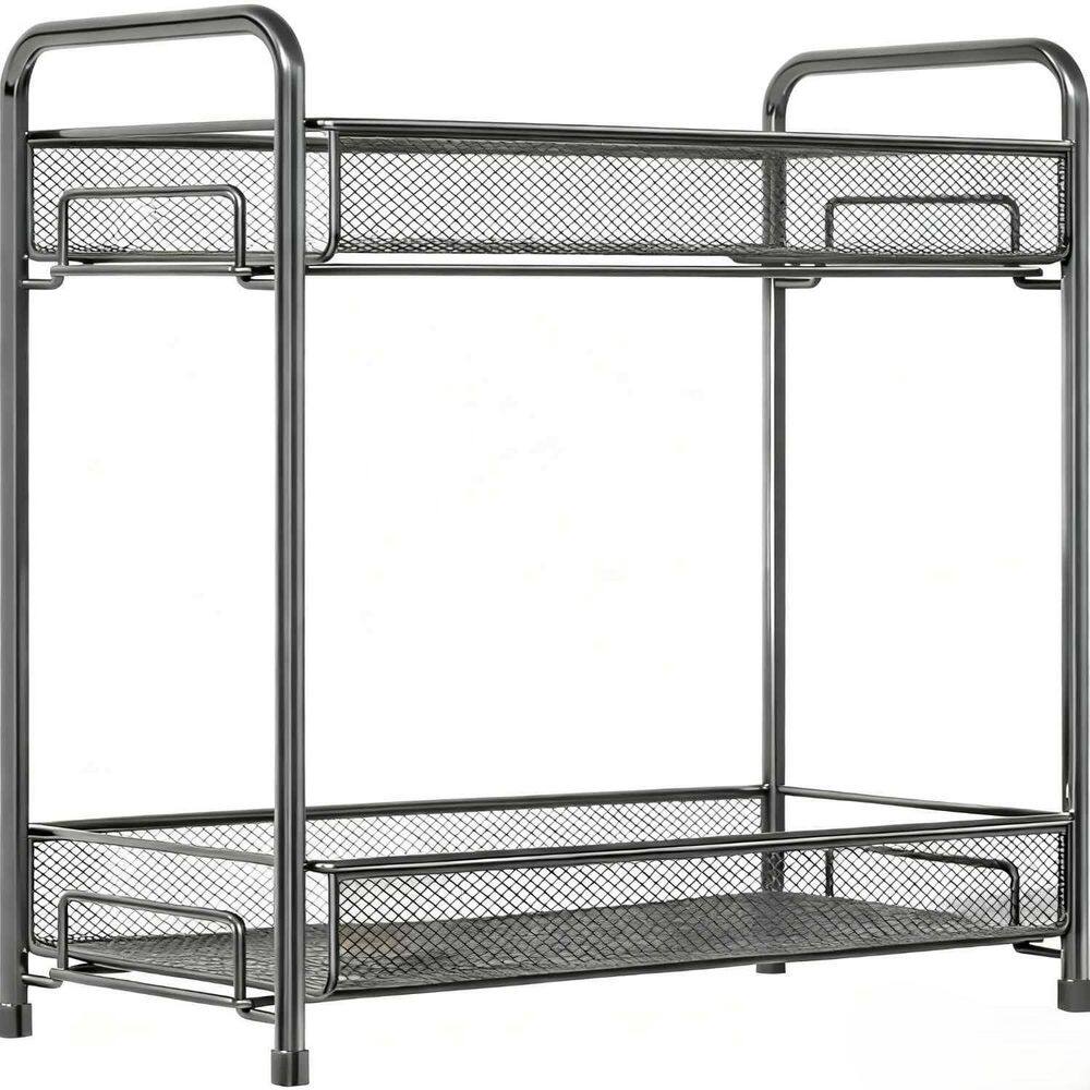 Black 2-Tier Foldable Spice Rack Organizer, Countertop Storage Shelf with Guardrail Mesh Design for Kitchen Pantry