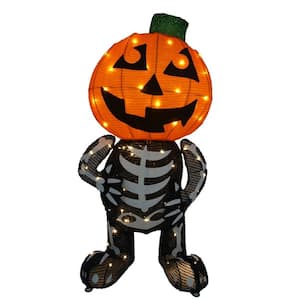 30 in. H Halloween Tinsel Skeleton Pumpkin LED Warm Yard Lights for Halloween Decoration, Light Up Pumpkin Decoration