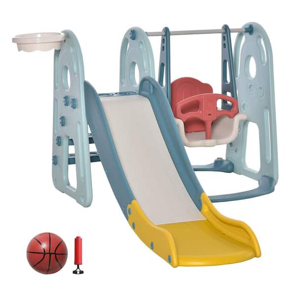 Unbranded 4-In-1 Blue Toddler Freestanding Kids Climber Slide Playset with Adjustable Seat Height and Basketball Hoop