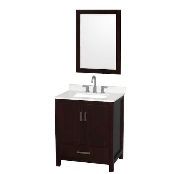 Wyndham Collection Sheffield 30 in. W x 22 in. D x 35 in. H Single Bath Vanity in Espresso with Giotto Quartz Top and 24 in. Mirror