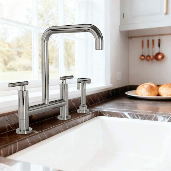 2-Handle Deck Mount Kitchen Faucet 2-Hole Bridge Kitchen Faucet with Side Sprayer in Chrome