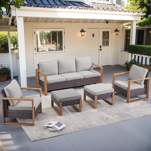 Gymojoy Allcot Brown 5-Piece Wicker Patio Conversation Set with Gray Cushions