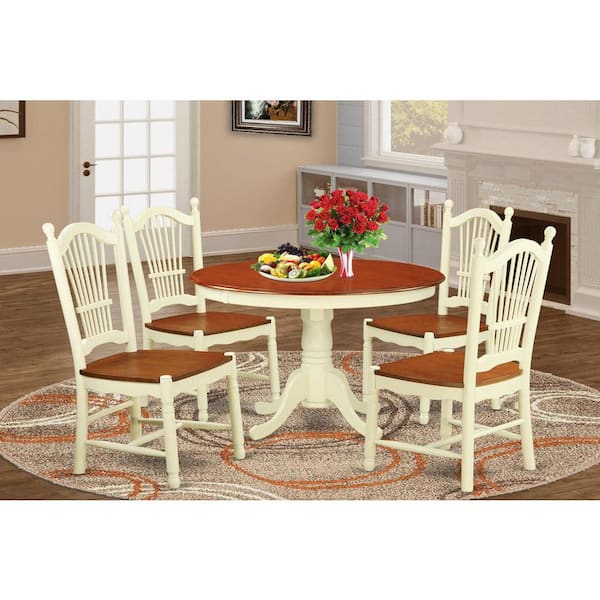 East West Furniture 5-Piece Round Buttermilk and Cherry Finish Solid Wood Top Dining table with 4 Chairs with Lattice Back