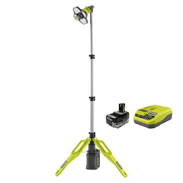 Hybrid Tri-Power Tripod Light with ONE+ 18V HIGH PERFORMANCE Starter Kit with 4.0 Ah Battery and Charger