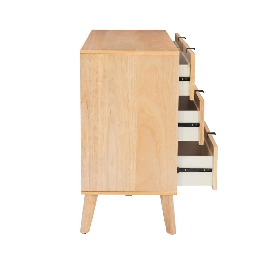 Mid-Century Natural Wood and Rattan 6-Drawer Dresser