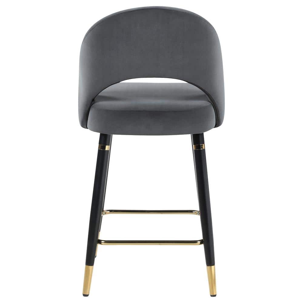 Gray Velvet Upholstered Arched Back Counter Stools with Gold Accents
