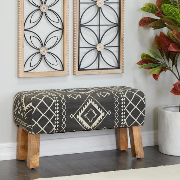 Litton Lane 18 in. X 33 in. X 15 in. Black Tribal Bench with Wood Legs