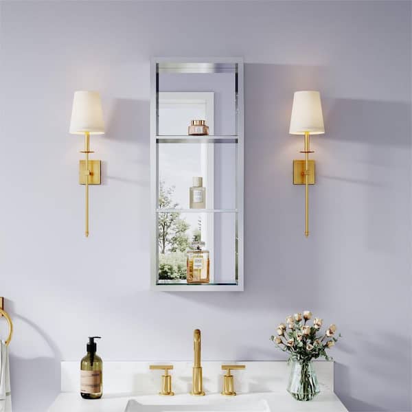 12 in. W x 30 in. H Rectangular Polished Aluminum Recessed or Surface Mount Medicine Cabinet with Mirror, Open Shelves