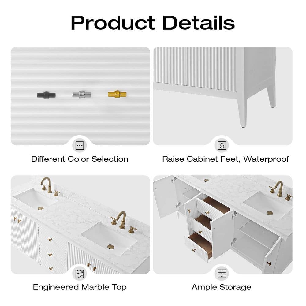 72" Linear White Double Sink Vanity with Golden Brushed Hardware