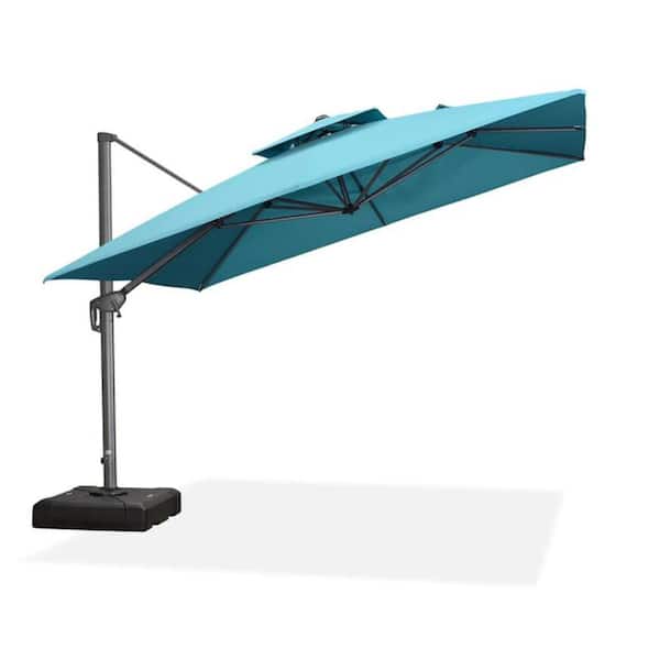PURPLE LEAF 11 ft. Square 2-Tier Aluminum Cantilever 360° Rotation Patio Umbrella with Base in Ground, Turquoise Blue
