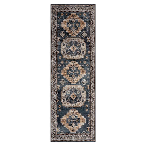 Garvee Dark Blue 2 ft. x 6 ft. Vintage Geometric Tribal Machine Washable Area Rug